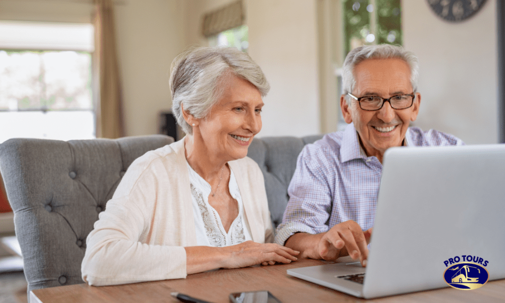 Couple researching guided bus tours from Edmonton and reading Google Reviews