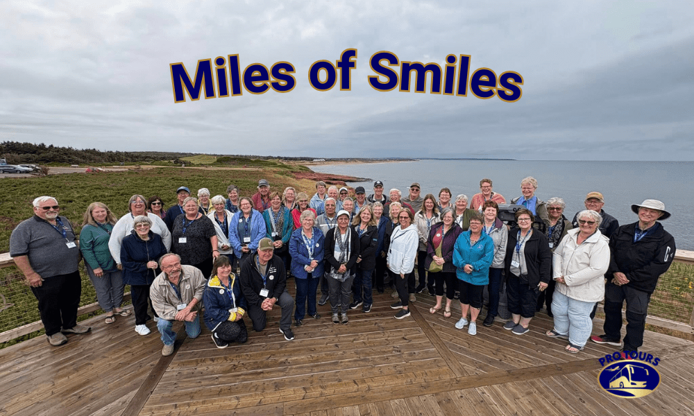 Group of Pro Tours travelers smiling together on a guided bus tour