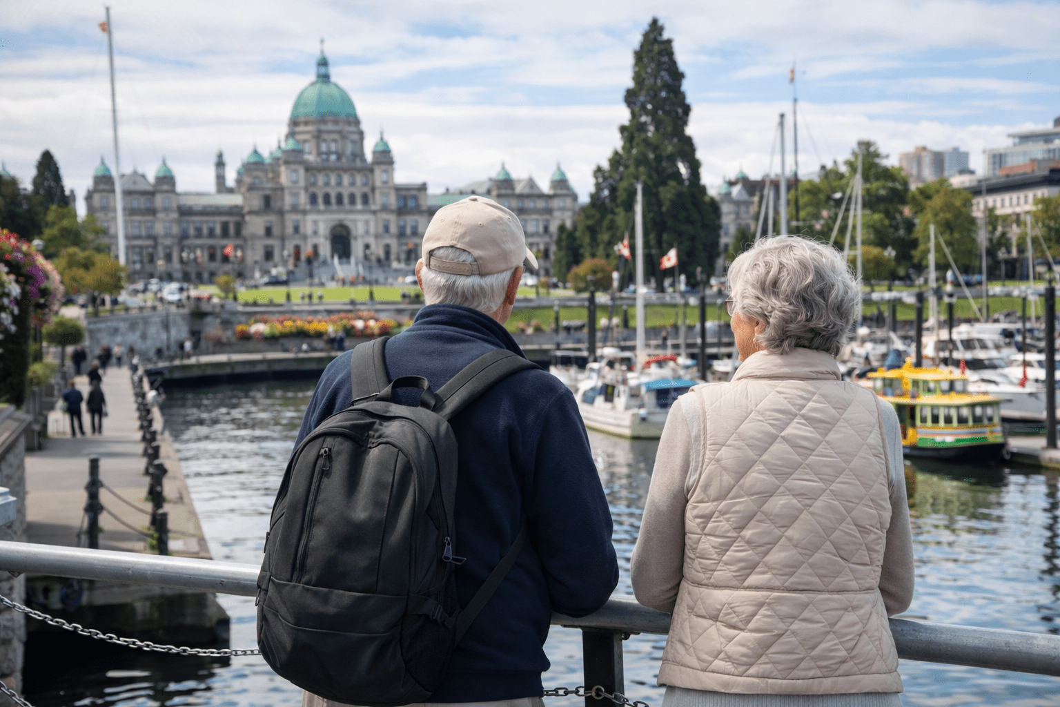 Senior couple enjoying a scenic stop on a guided bus tour in Canada at Victoria’s Inner Harbour