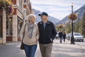 Senior couple walking through a mountain town on a guided bus tour in Canada