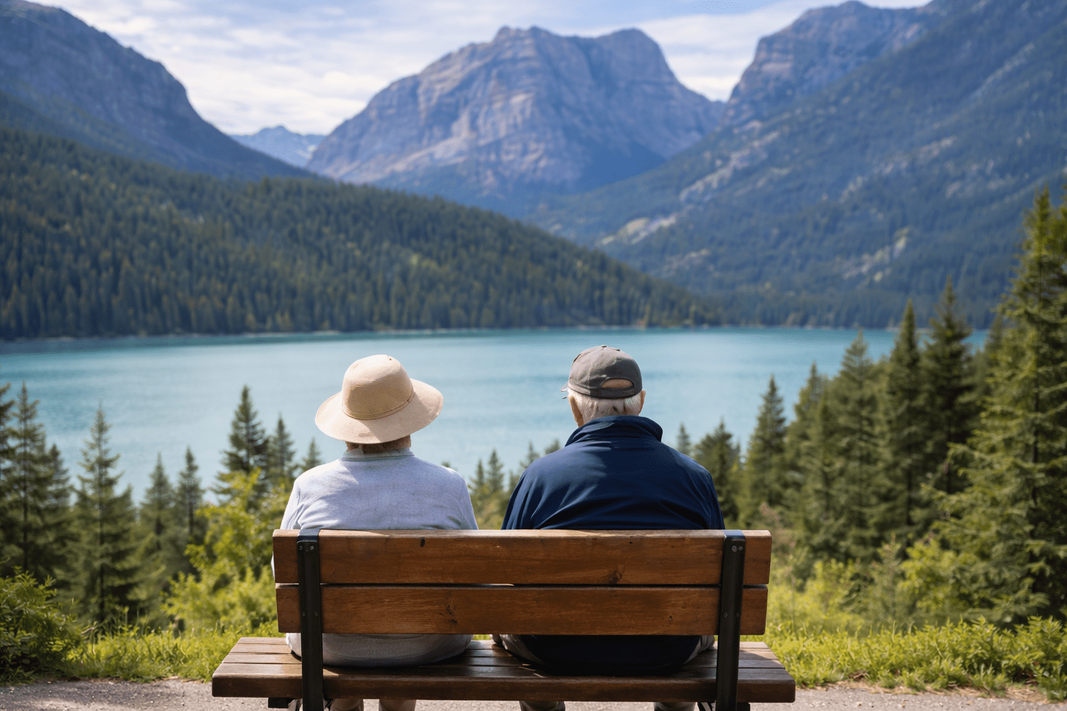 Senior couple enjoying a peaceful mountain lake view on a bus tour for seniors in Canada