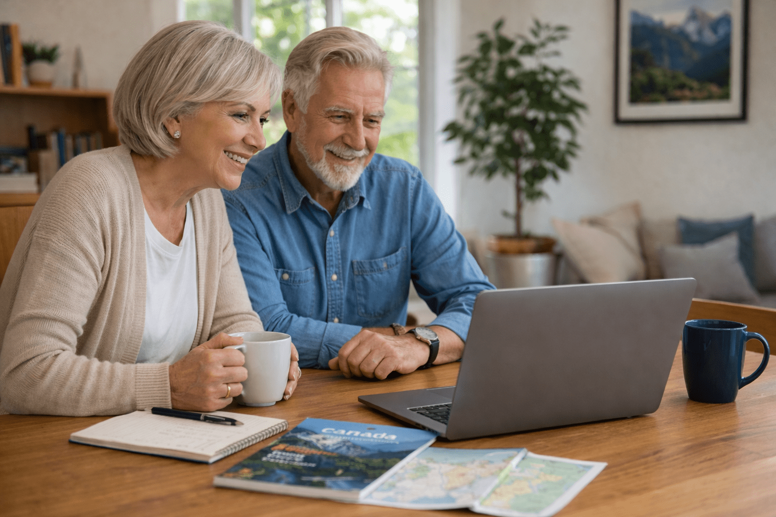 Senior couple planning a guided bus tour in Canada from home