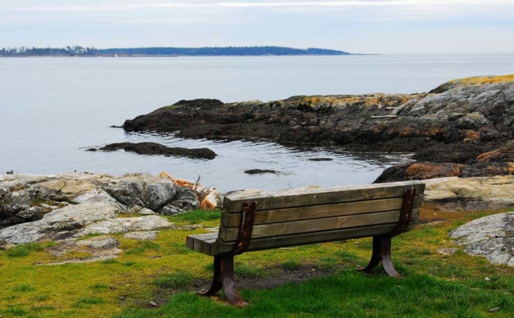 Uplands Park in Victoria BC with a bench overlooking rocky shoreline and ocean views, a scenic stop for things to do in Victoria.
