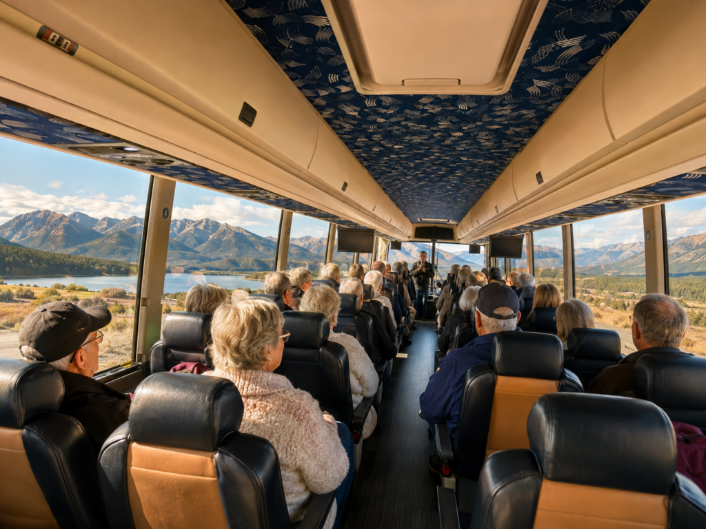 Travelers enjoying mountain scenery aboard a comfortable guided bus tour from Edmonton
