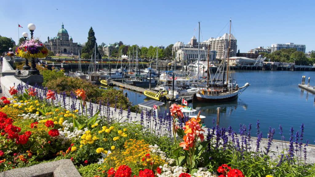 Victoria Inner Harbour and the British Columbia Parliament Buildings surrounded by colourful summer flowers