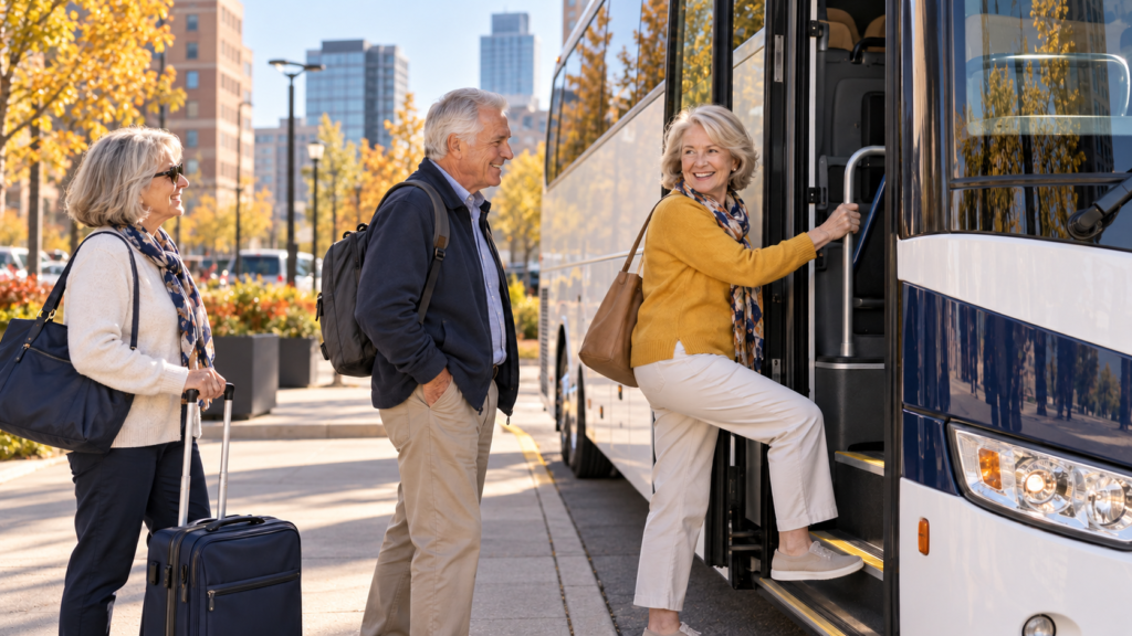 Three older adults with travel bags boarding a navy and white motorcoach in an urban setting with autumn trees.