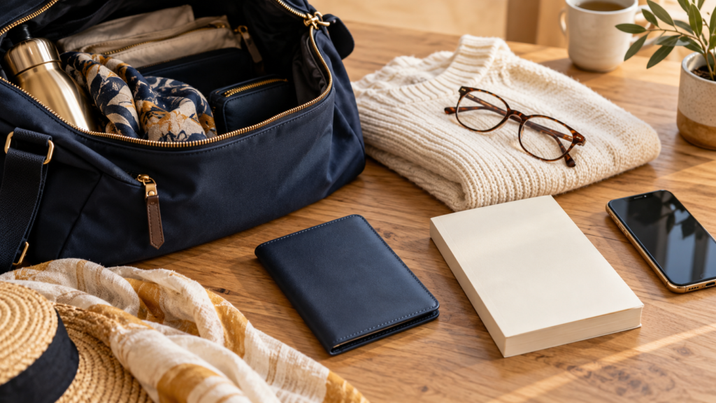 Navy day bag beside reading glasses, a cream sweater, a travel wallet, a book and a phone.