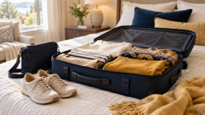 Open suitcase packed with clothing, with walking shoes and a small day bag beside it on a bed.