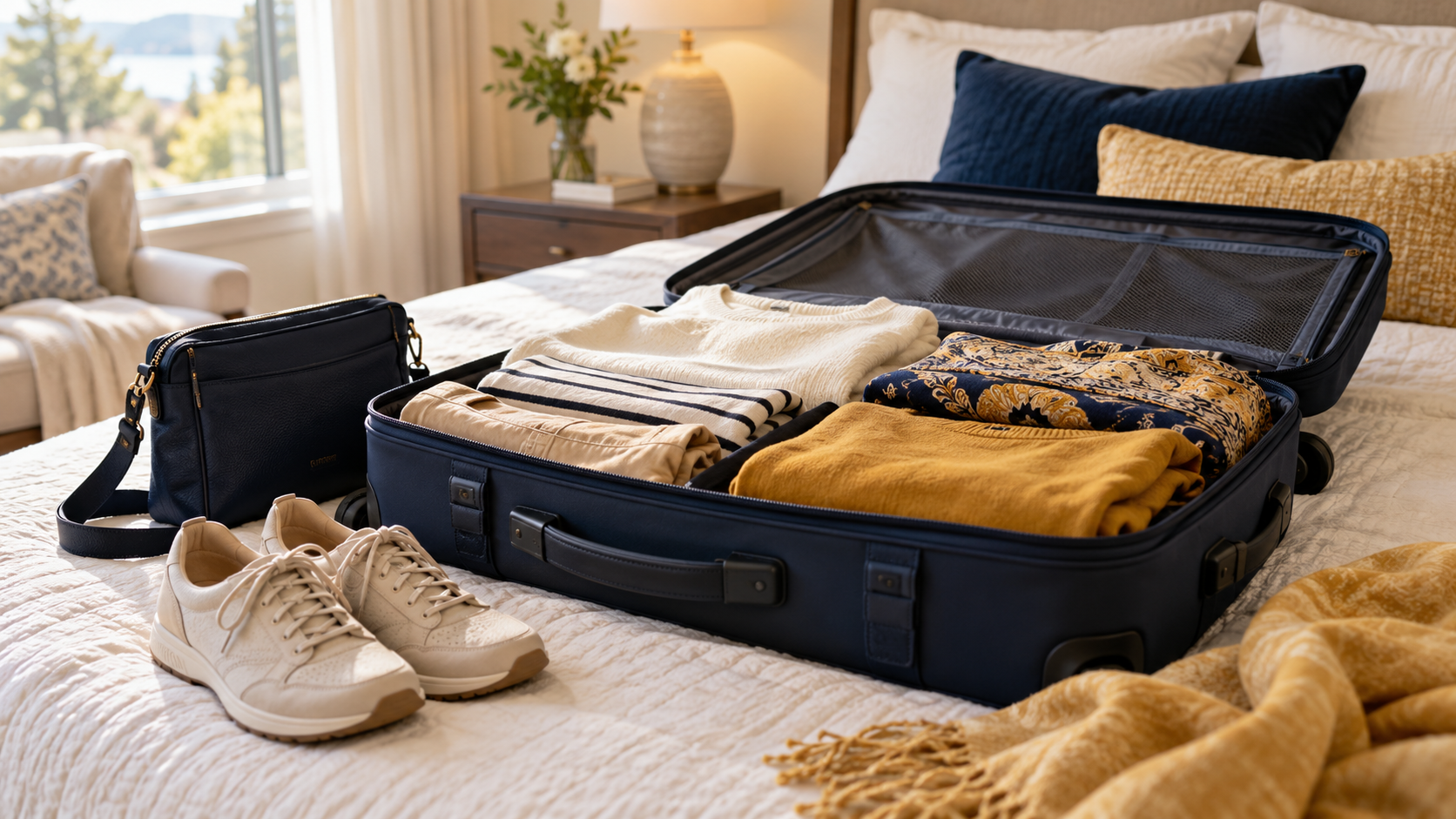 Open suitcase packed with clothing, with walking shoes and a small day bag beside it on a bed.